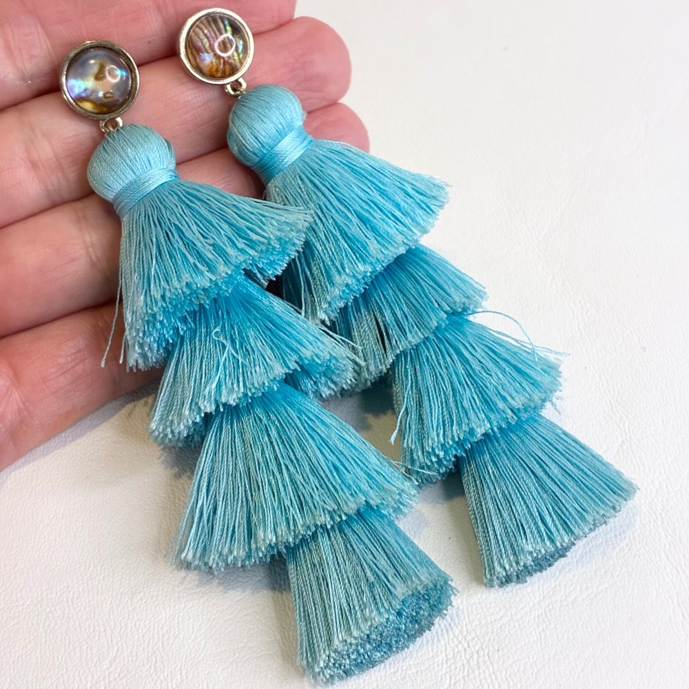 BaubleBar Tassel Earrings Tiered Fringe Turquoise Blue Abalone Shell Statement